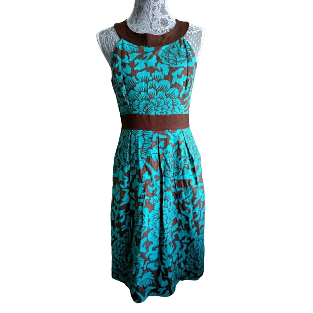 Eliza J Halter Dress Brown Turquoise Floral Linen Rayon 4